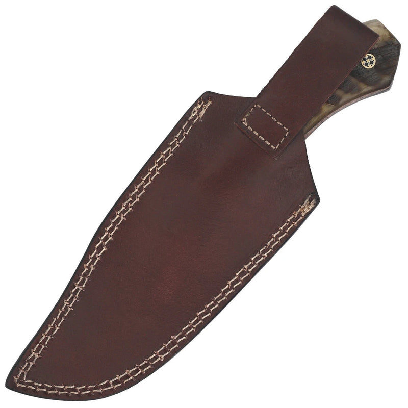 Restless Lull Damascus Hunting Knife – Ram Horn Handle, Full Tang, Leather Sheath