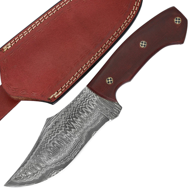 Red Leaf Damascus Hunting Knife – Full Tang, Leather Sheath 