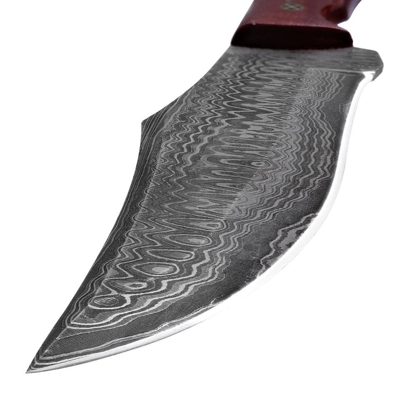 Red Leaf Damascus Hunting Knife – Full Tang, Leather Sheath 