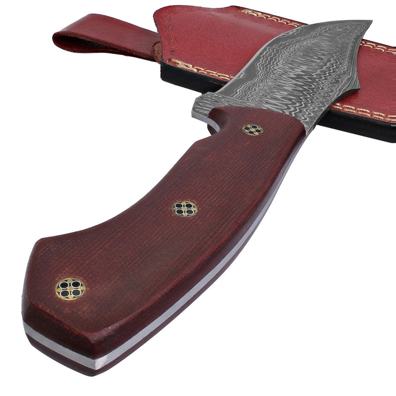 Red Leaf Damascus Hunting Knife – Full Tang, Leather Sheath 