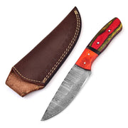 Crimson Rosella Damascus Hunting Knife – Pakka Wood Handle, Leather Sheath 