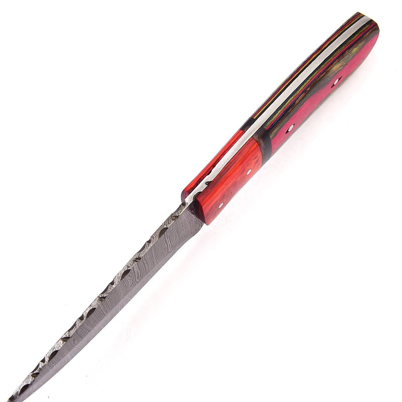 Crimson Rosella Damascus Hunting Knife – Pakka Wood Handle, Leather Sheath 