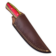Crimson Rosella Damascus Hunting Knife – Pakka Wood Handle, Leather Sheath 