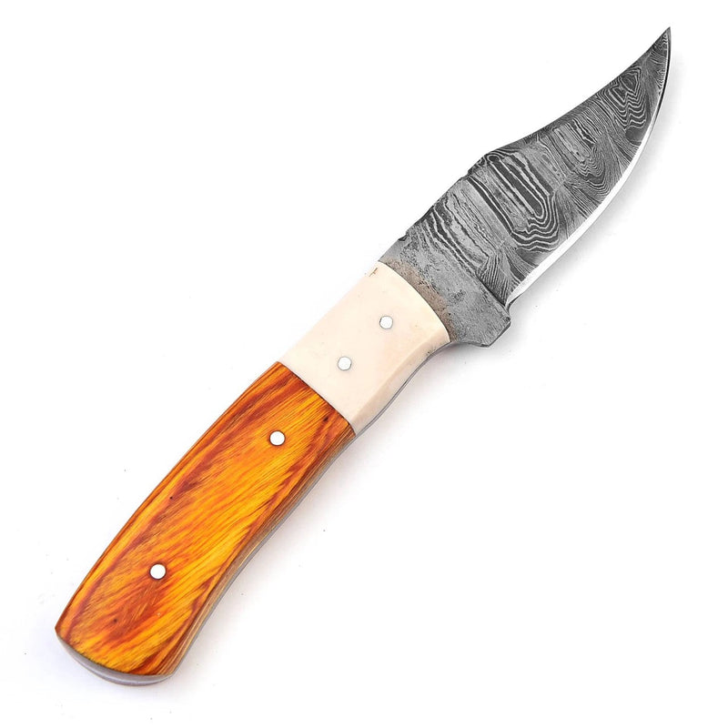 Bone Skinner Damascus Hunting Knife – Pakkawood & Camel Bone Handle, Leather Sheath