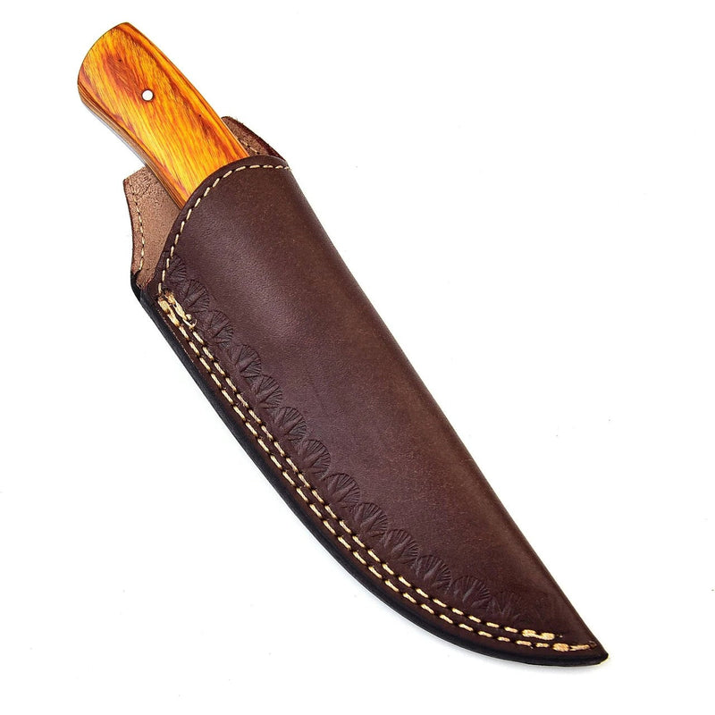 Bone Skinner Damascus Hunting Knife – Pakkawood & Camel Bone Handle, Leather Sheath