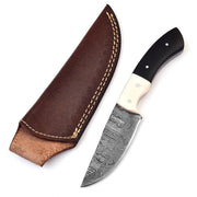 Waning Moon Damascus Hunting Knife – Micarta & Camel Bone Handle, Leather Sheath