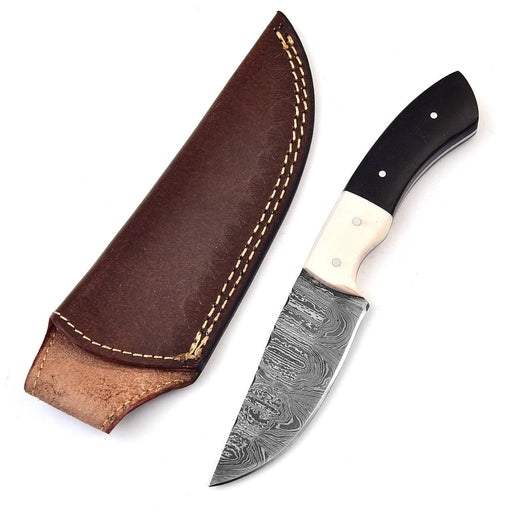 Waning Moon Damascus Hunting Knife – Micarta & Camel Bone Handle, Leather Sheath