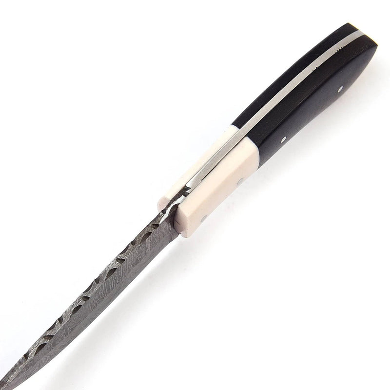 Waning Moon Damascus Hunting Knife – Micarta & Camel Bone Handle, Leather Sheath