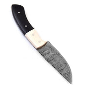 Waning Moon Damascus Hunting Knife – Micarta & Camel Bone Handle, Leather Sheath