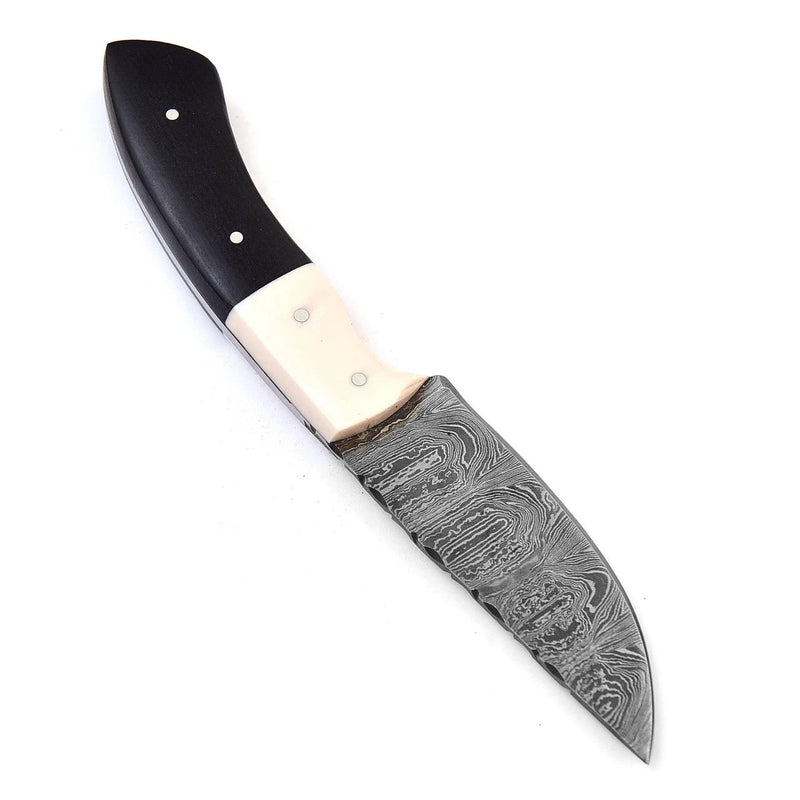 Waning Moon Damascus Hunting Knife – Micarta & Camel Bone Handle, Leather Sheath