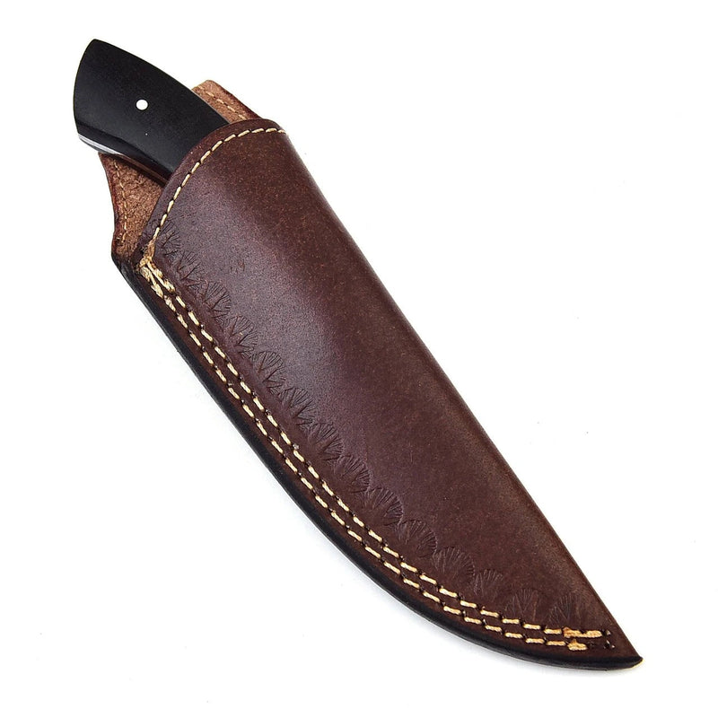 Waning Moon Damascus Hunting Knife – Micarta & Camel Bone Handle, Leather Sheath
