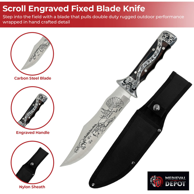 Decorative Guard Scroll Handle Engraved Fixed Blade Knife