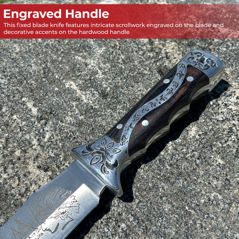 Decorative Guard Scroll Handle Engraved Fixed Blade Knife