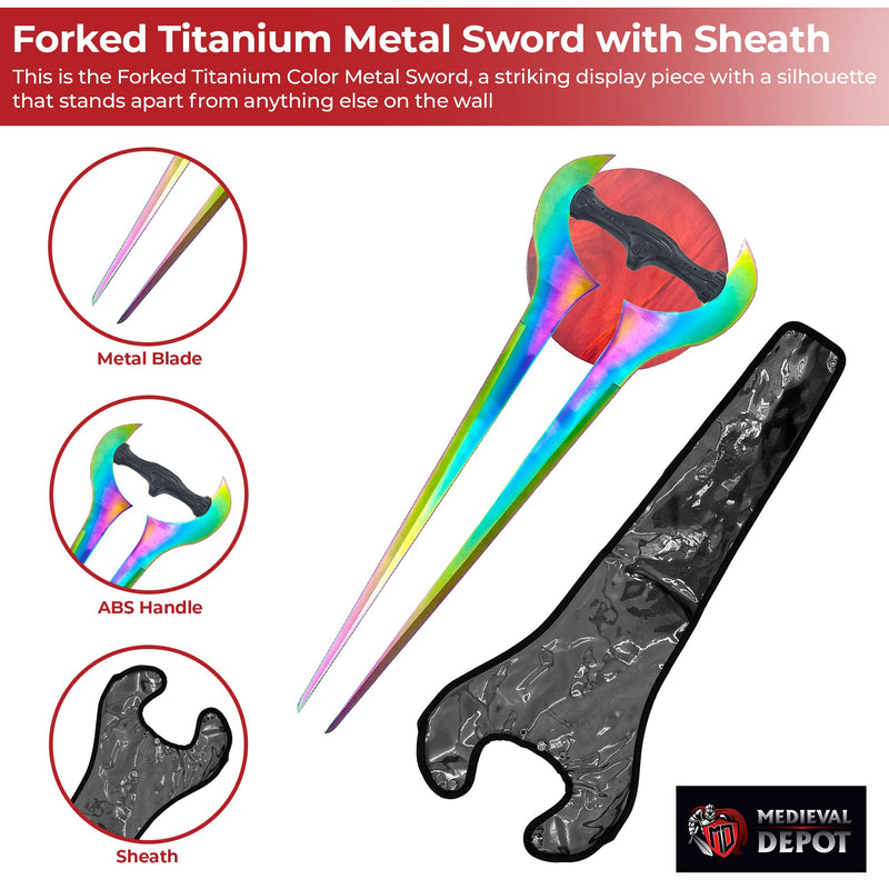 Forked Titanium Color Metal Sword with Sheath and Wood Wall Plaque 