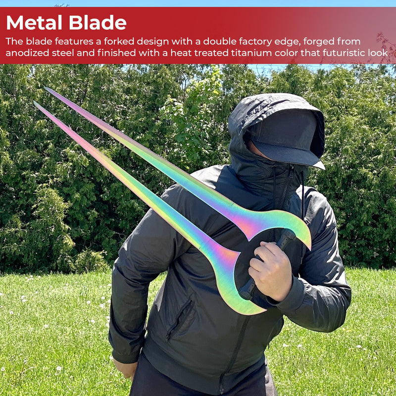 Forked Titanium Color Metal Sword with Sheath and Wood Wall Plaque 