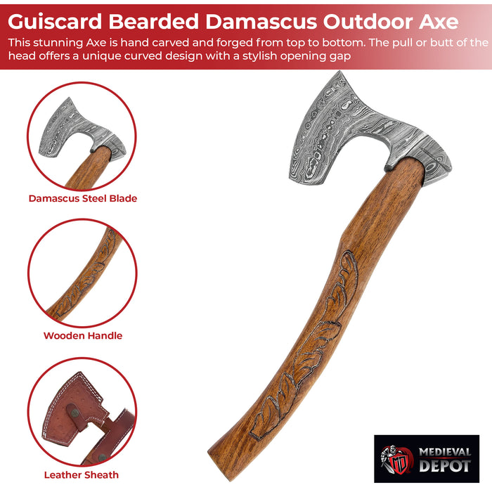 Guiscard Hand Forged Bearded Damascus Outdoor Steel Axe