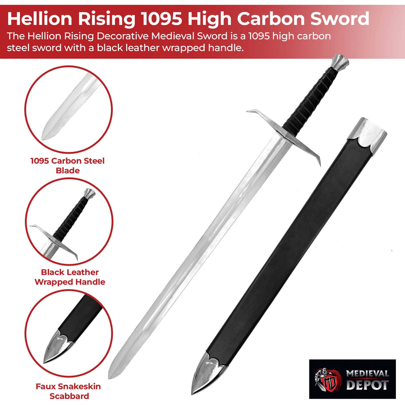 Hellion Rising 1095 High Carbon Medieval Sword with Black Leather Wrap Handle
