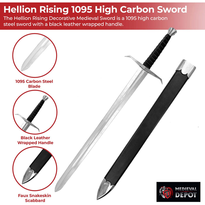 Hellion Rising 1095 High Carbon Medieval Sword with Black Leather Wrap Handle