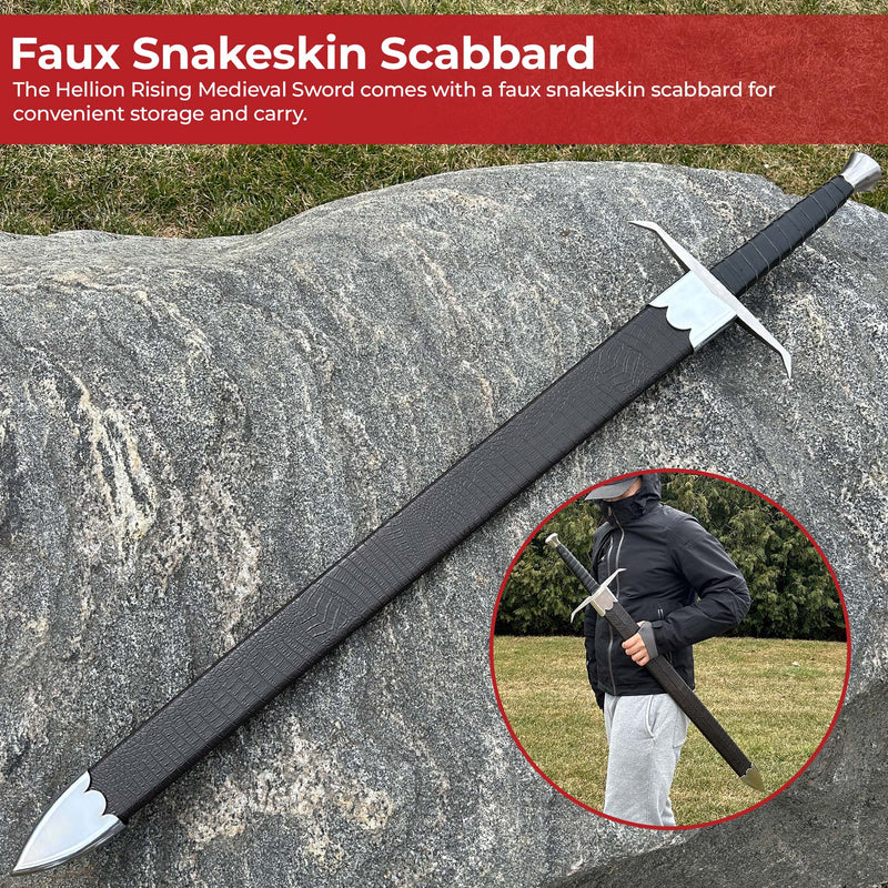 Hellion Rising 1095 High Carbon Medieval Sword with Black Leather Wrap Handle