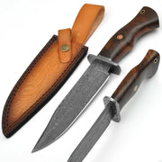 Damascus Hunting Knife Rosewood Handle with Tooled Leather Sheath 