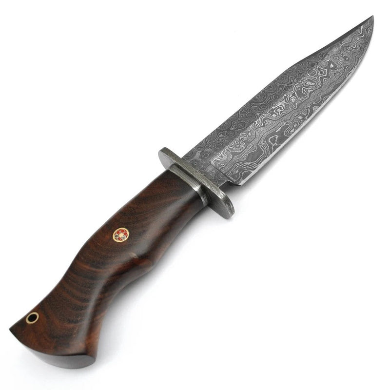 Damascus Hunting Knife Rosewood Handle with Tooled Leather Sheath 