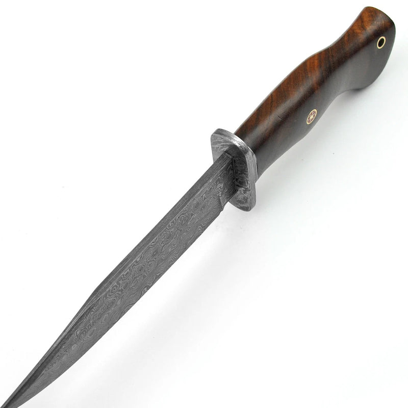 Damascus Hunting Knife Rosewood Handle with Tooled Leather Sheath 