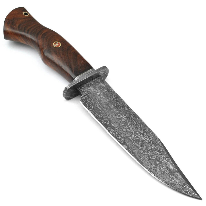 Damascus Hunting Knife Rosewood Handle with Tooled Leather Sheath 