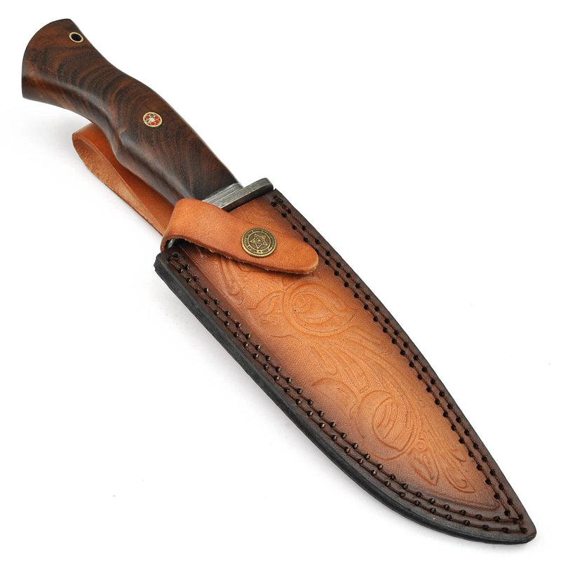 Damascus Hunting Knife Rosewood Handle with Tooled Leather Sheath 