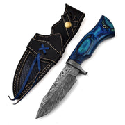 Cerulean Blaze Feather Damascus Hunting Knife 