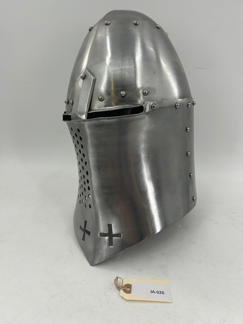 Spoleto-Style Visored Bascinet – 16 Gauge Steel with Templar Cross Cutouts 