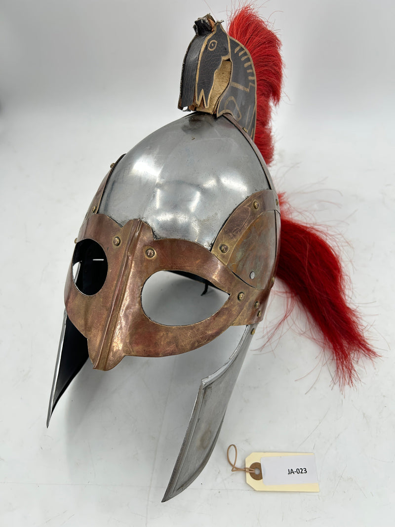 Trojan Style Crest Helmet – 18 Gauge Steel with Brass Accents and Red Plume