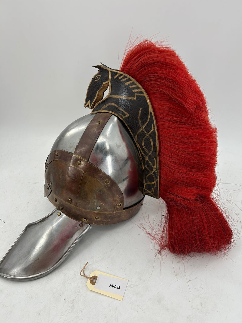 Trojan Style Crest Helmet – 18 Gauge Steel with Brass Accents and Red Plume
