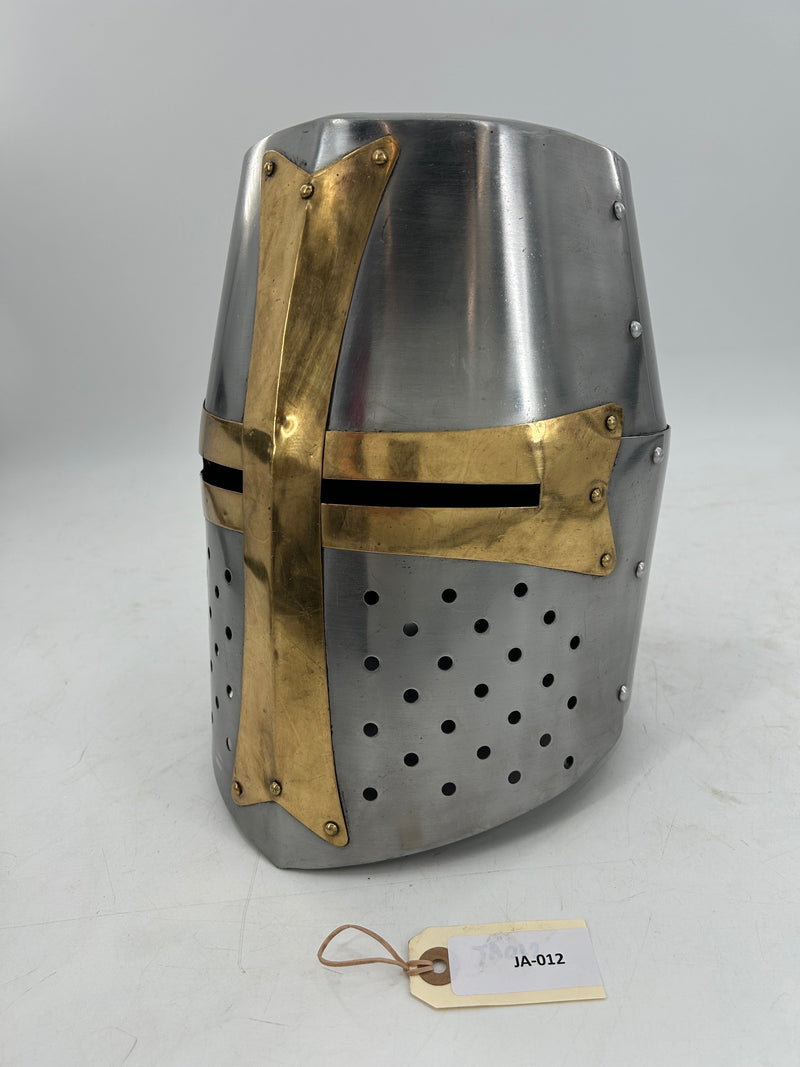 Crusader Great Helm – Templar Style Bucket Helmet with Brass Cross Faceplate