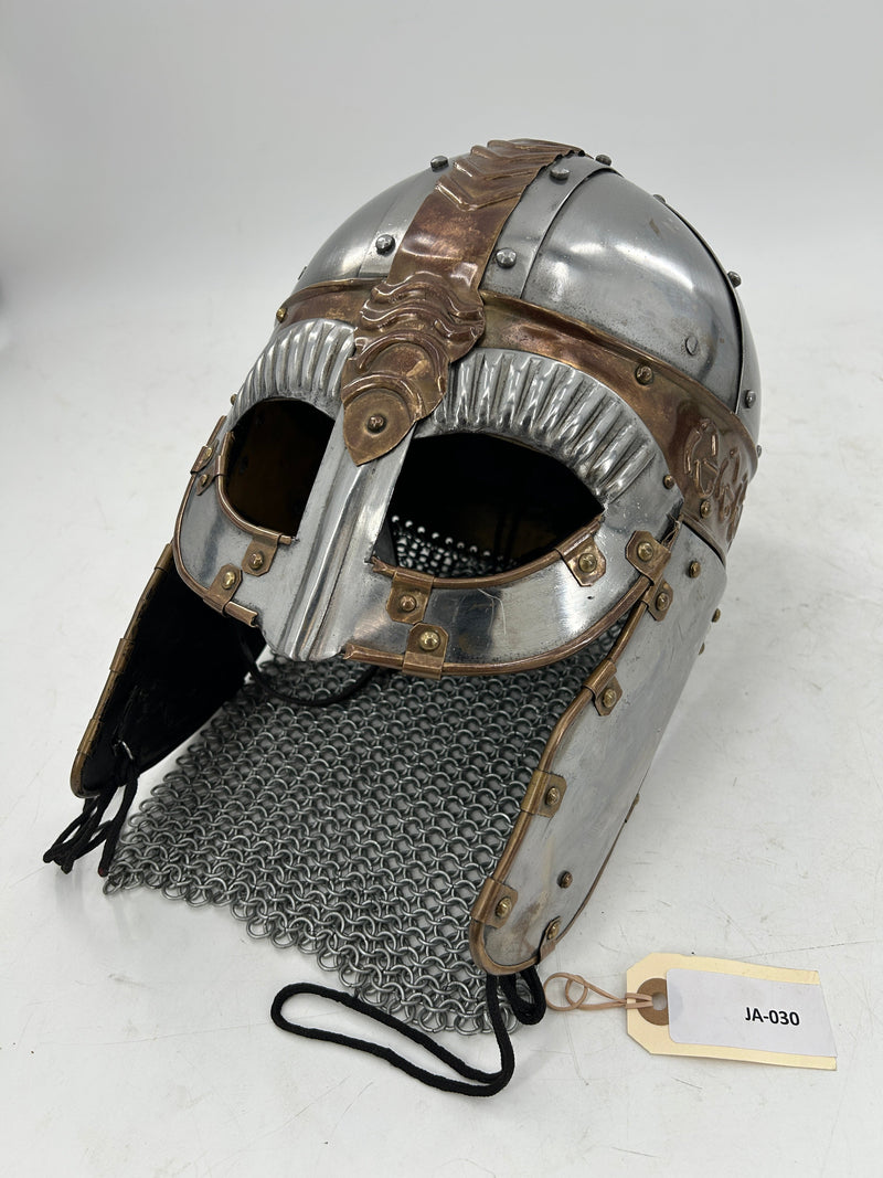Beowulf Spectacle Helmet – 18 Gauge Steel with Chainmail Hood and Copper Accents