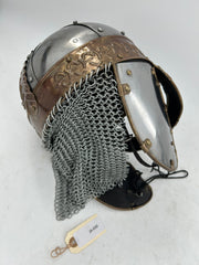 Beowulf Spectacle Helmet – 18 Gauge Steel with Chainmail Hood and Copper Accents