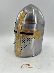 Templar Sugarloaf Helmet – 16 Gauge Steel with Raisable Visor and Brass Cross Accents 