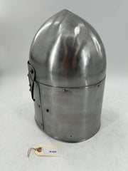 Templar Sugarloaf Helmet – 16 Gauge Steel with Raisable Visor and Brass Cross Accents 