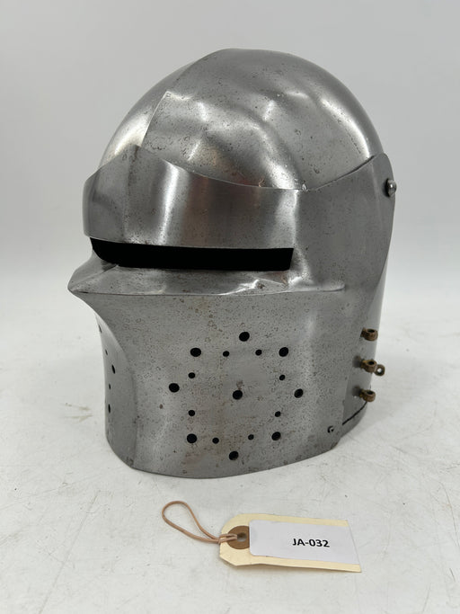Sallet-Style Visored Helmet – 16 Gauge Steel with Raisable Visor and Brass Accents