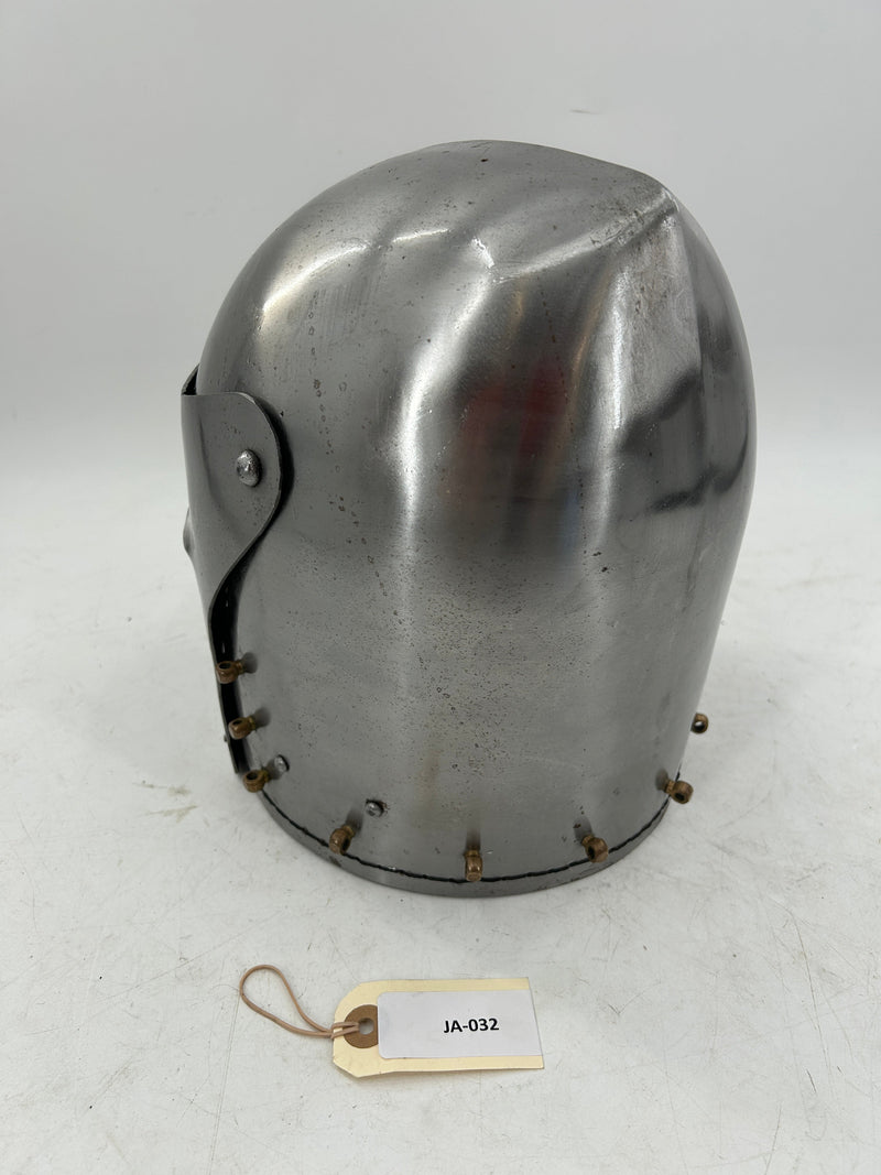 Sallet-Style Visored Helmet – 16 Gauge Steel with Raisable Visor and Brass Accents