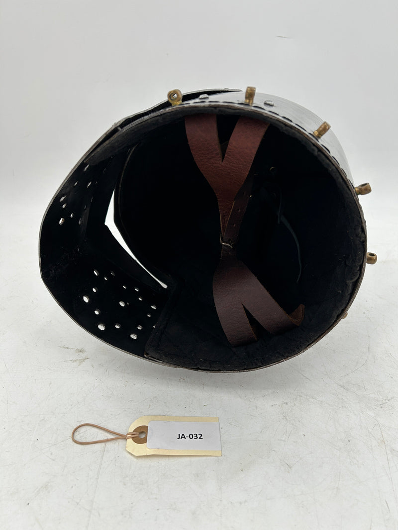 Sallet-Style Visored Helmet – 16 Gauge Steel with Raisable Visor and Brass Accents