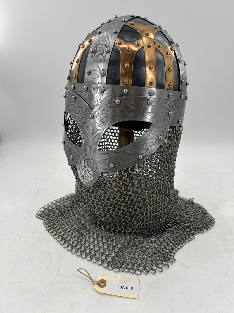 Visigoth Spectacle Helmet – 16 Gauge Steel with Celtic Engravings and Chainmail Hood