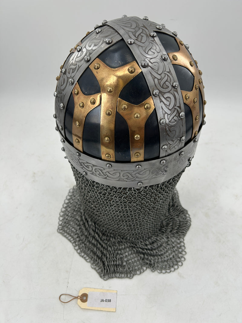 Visigoth Spectacle Helmet – 16 Gauge Steel with Celtic Engravings and Chainmail Hood