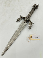 Gothic Fantasy Dagger – Ornate Metal Hilt with Serrated Blade and Wooden Display Stand
