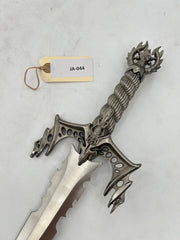 Gothic Fantasy Dagger – Ornate Metal Hilt with Serrated Blade and Wooden Display Stand