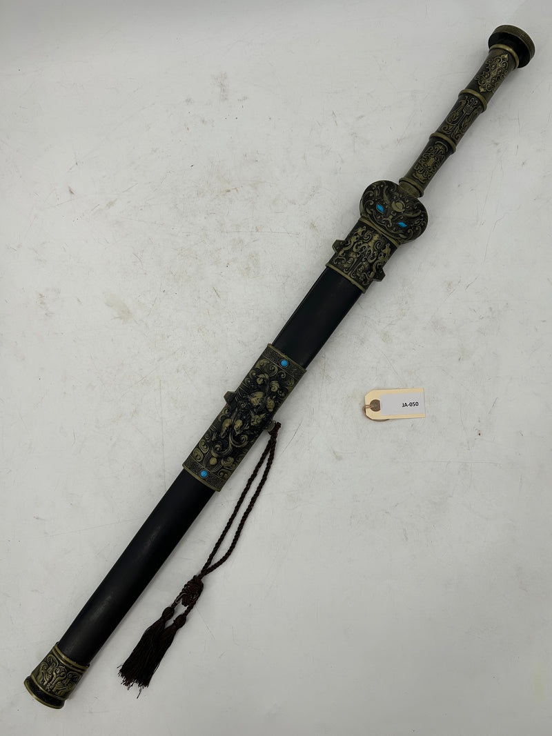 Longquan Forged Jian Sword – Ornate Bronze Alloy Hilt with Turquoise Accents and Hardwood Scabbard