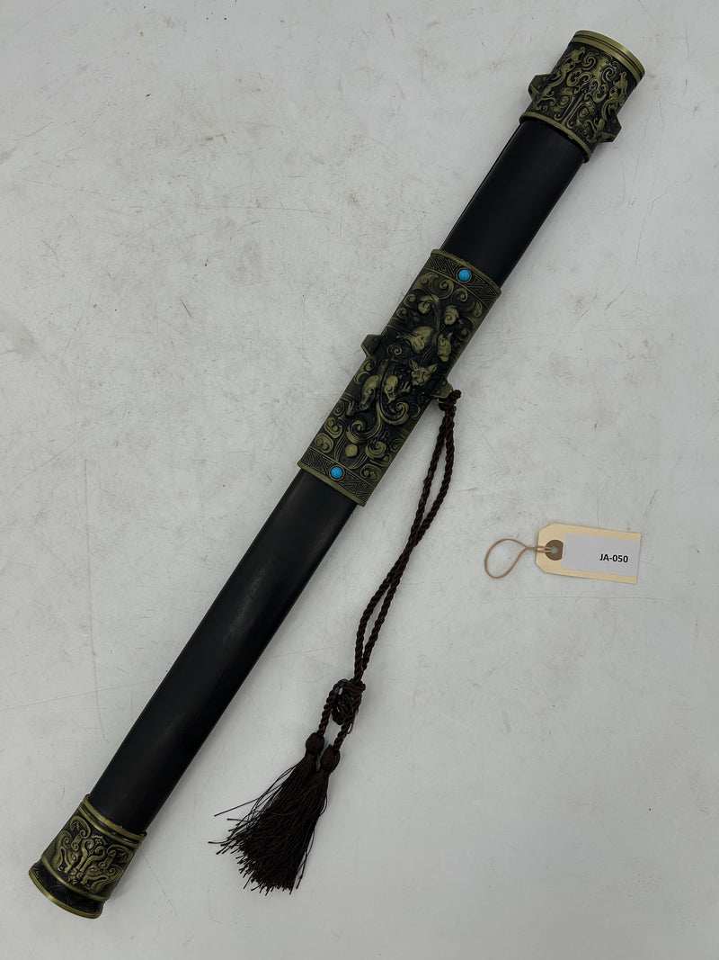 Longquan Forged Jian Sword – Ornate Bronze Alloy Hilt with Turquoise Accents and Hardwood Scabbard
