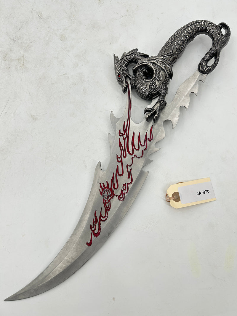 Dragon Claw Fantasy Dagger – Antiqued Metal Dragon Hilt with Red Flame Etched Blade