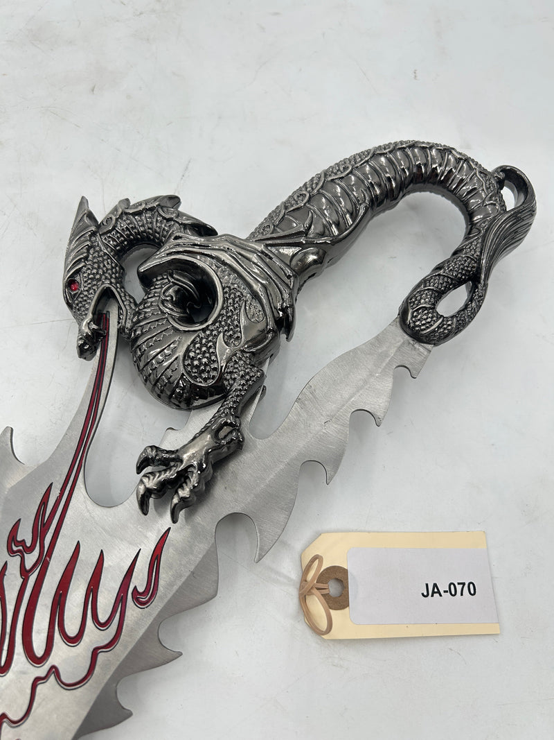 Dragon Claw Fantasy Dagger – Antiqued Metal Dragon Hilt with Red Flame Etched Blade