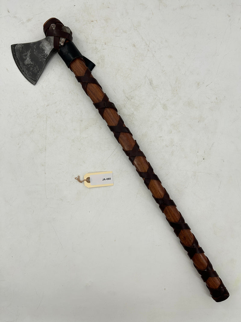 Viking-Style Hand Axe – Forged Carbon Steel Head with Leather-Wrapped Hardwood Haft