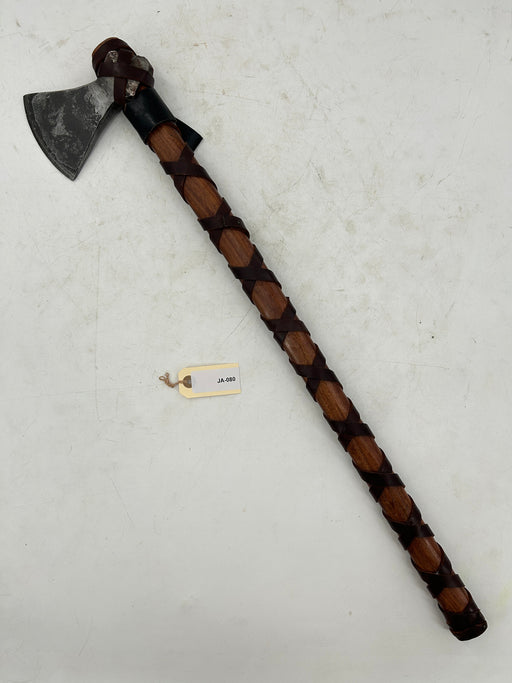 Viking-Style Hand Axe – Forged Carbon Steel Head with Leather-Wrapped Hardwood Haft